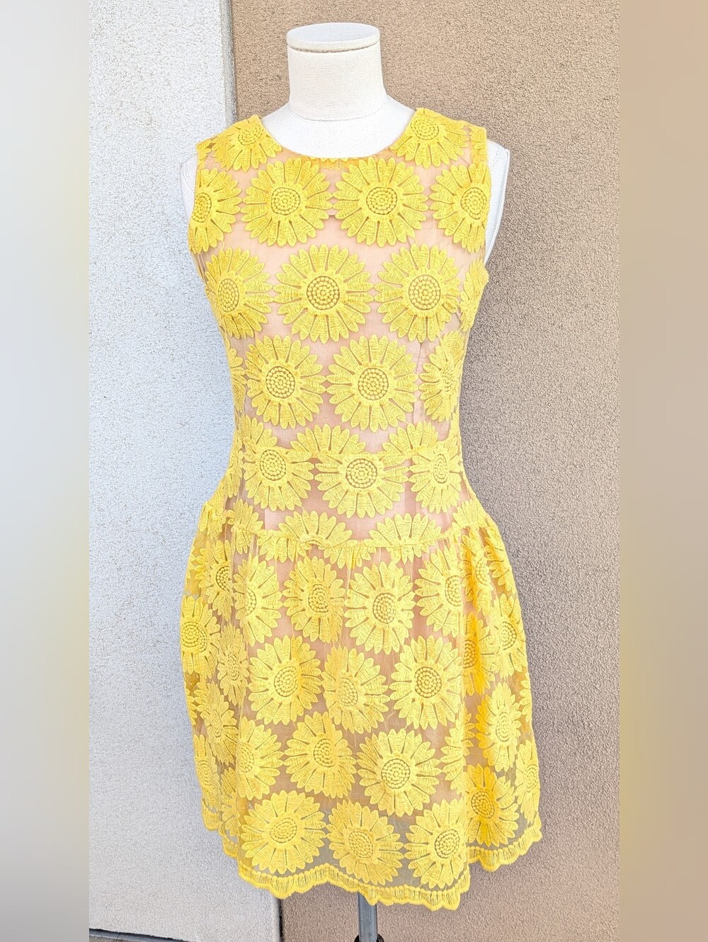 Whimsical Yellow Sunflower Lace Crochet Mini Dress Small